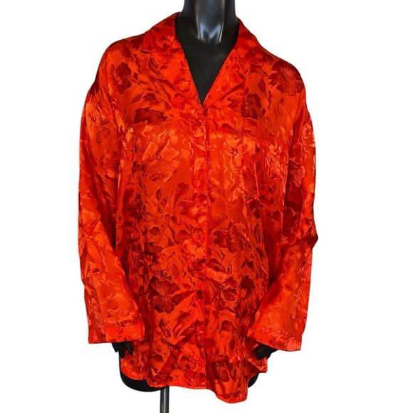 Classic by J.O. Red Floral Pajama Top Women SZ Large Oversized Button Down - Picture 1 of 6